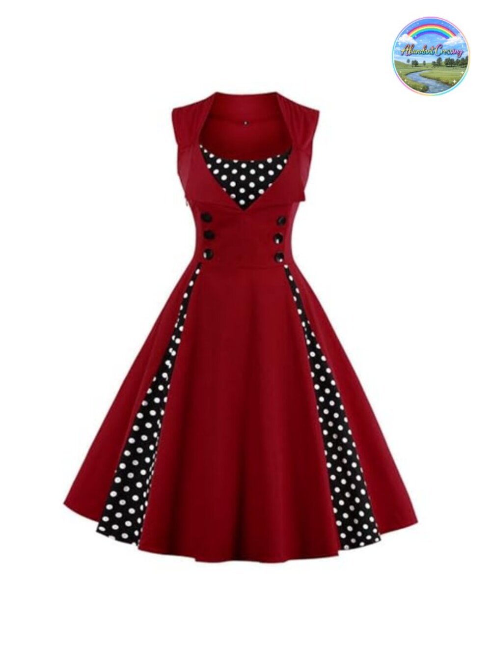 Sleeveless Polka Dot Retro Vintage Swing Dress Button Accent Side Zip